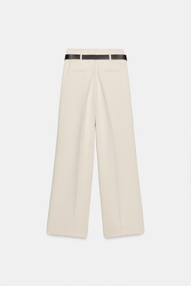 PANTALON DROIT À PINCES AVEC CEINTURE - Blanc ivoire de Zara - Image 7