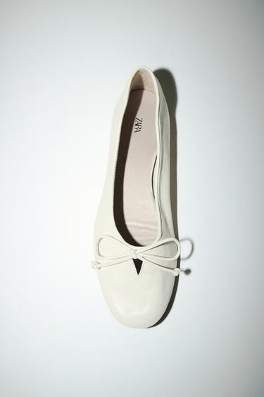 Zara SOFT LEATHER BALLET FLATS WITH BOW - Off White