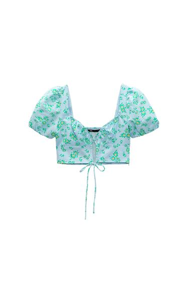 PRINTED LINEN BLEND CROP TOP