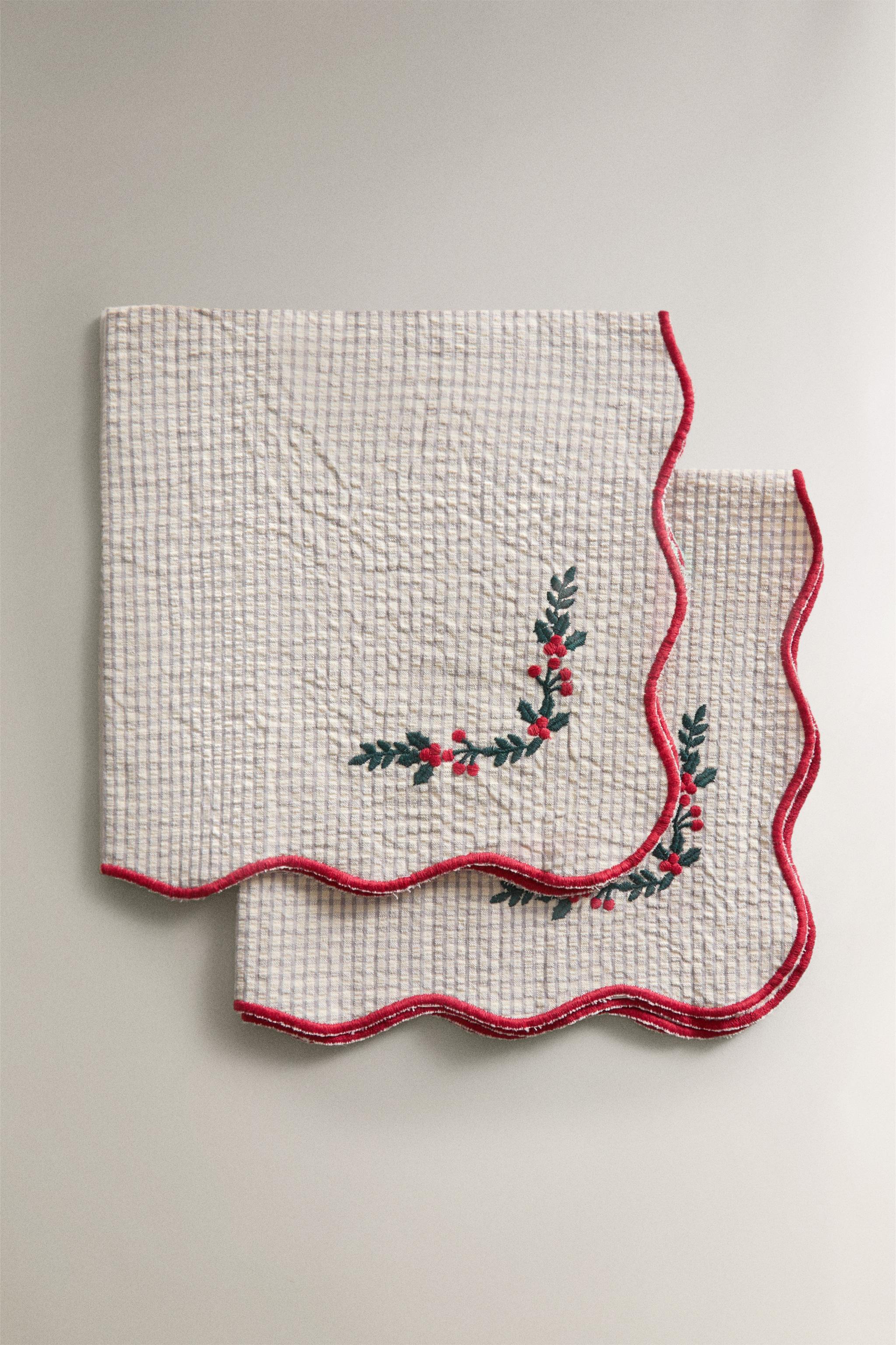 LOT DE SERVIETTES DE TABLE COTON BRODERIE ONDES NOËL (LOT DE 2)