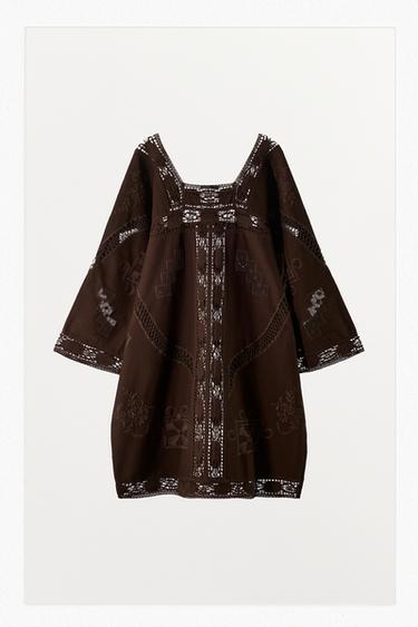 BRODERIE ANGLAISE CANVAS DRESS - Brown by Zara