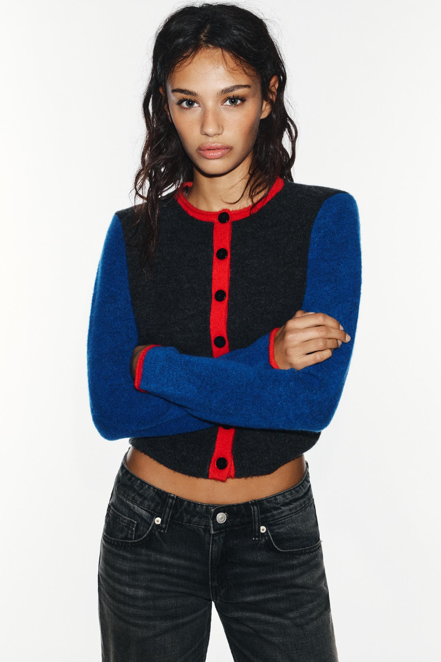 Женский кардиган Zara Color Block, цвет: Серый / Синий — фото 2