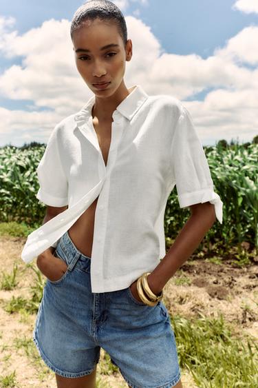 CAMISA MANGA CORTA LAZOS CON RAMIO - Blanco de Zara
