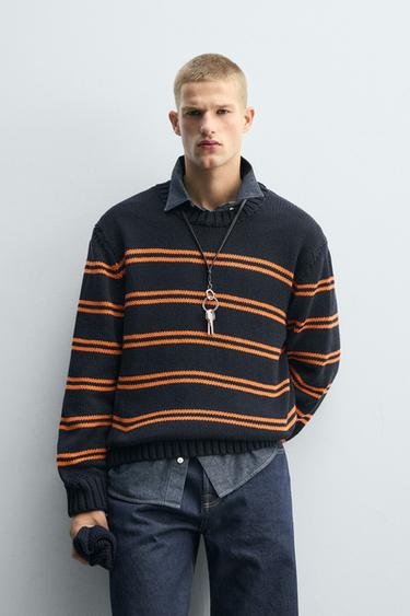 Zara JACQUARD STRIPE SWEATER - Navy blue