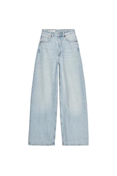 Front view of light blue denim wide-leg jeans with front and back pockets.