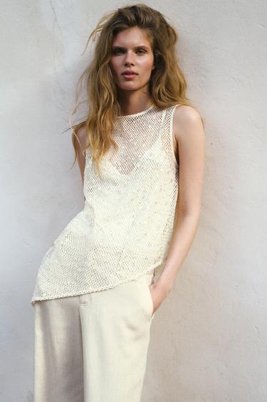 TOP RÉSILLE À PAILLETTES - Écru de Zara