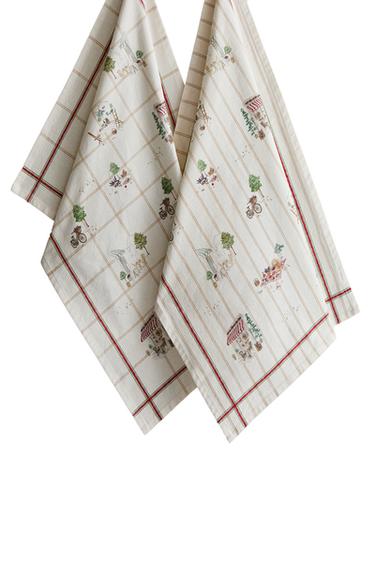 Zara PACK OF COTTON FLORAL KITCHEN TOWELS (PACK OF 2) - Red