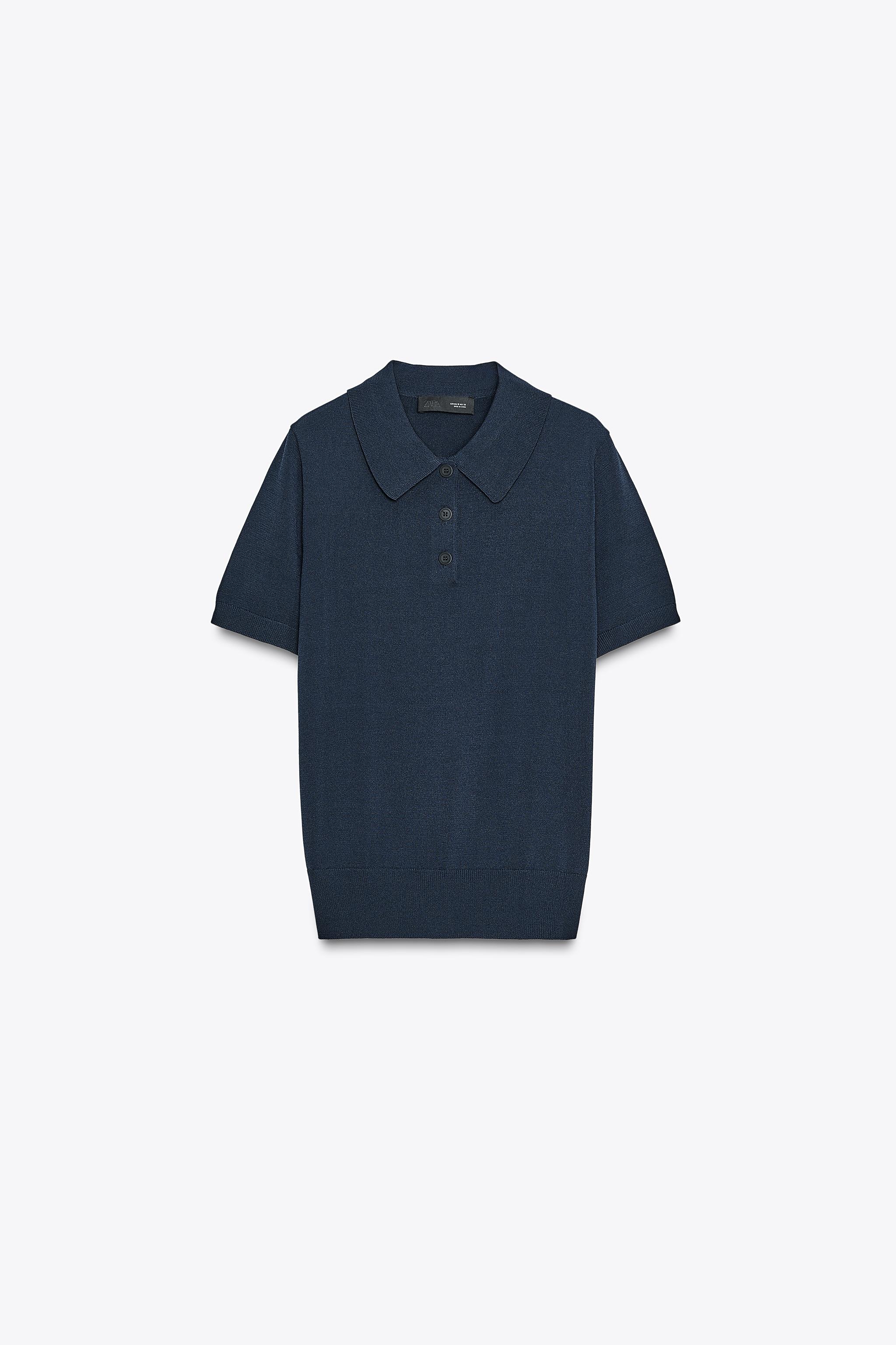 SHORT SLEEVE KNIT POLO TOP - Navy blue | ZARA Singapore