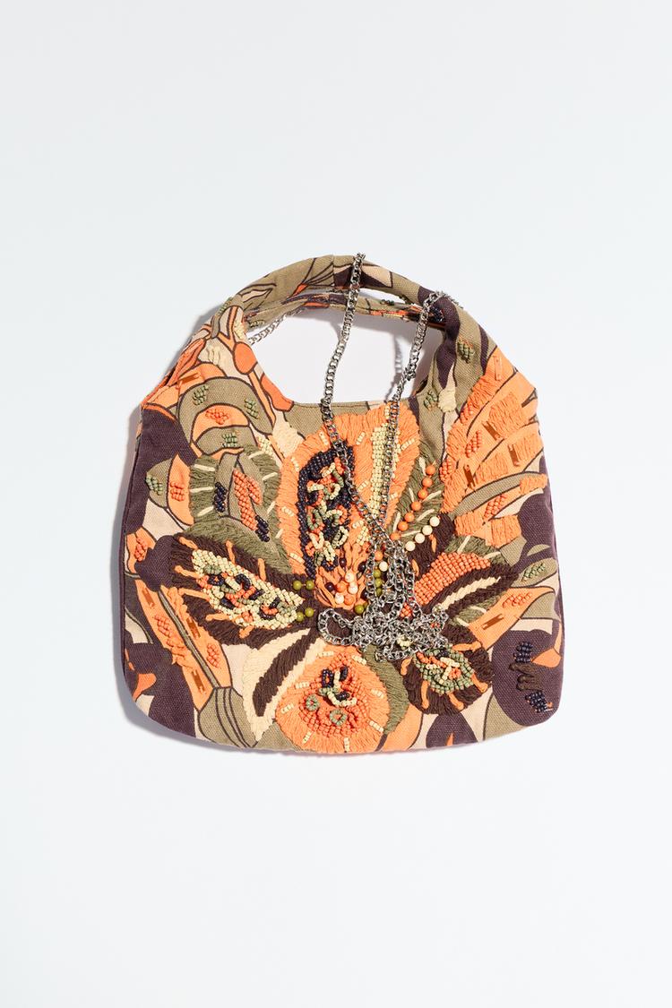 VÍCEBAREVNÁ KABELKA S KORÁLKY - Oranžová od Zara