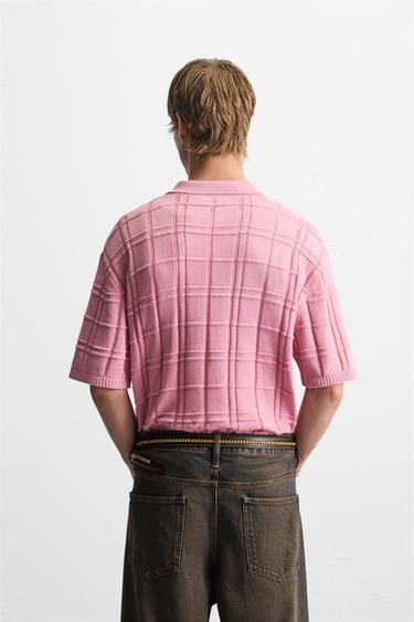 CHECKERED JACQUARD KNIT POLO SHIRT - Pink by Zara - Image 2