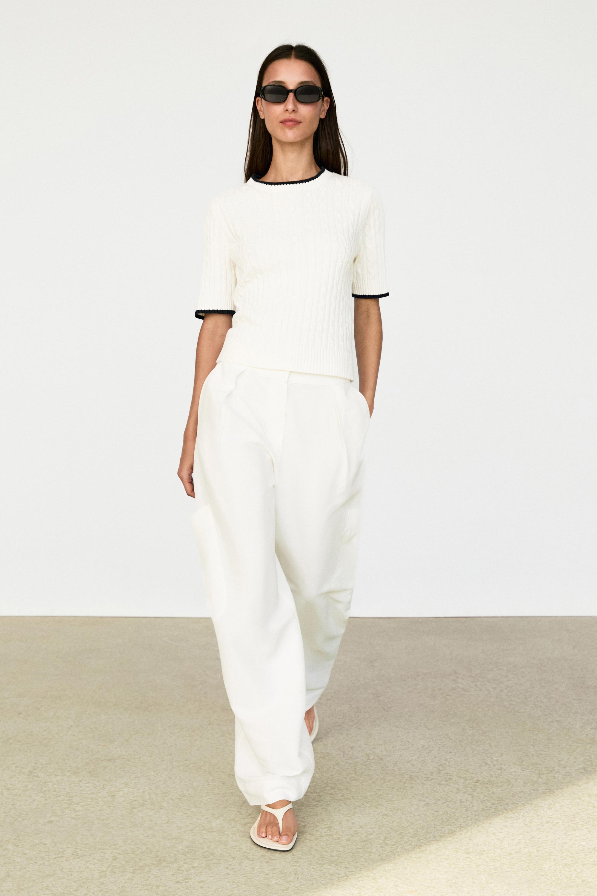 Short sleeve cable-knit sweater — White