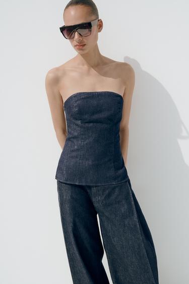 Zara TRF DENIM BANDEAU TOP - Dark indigo