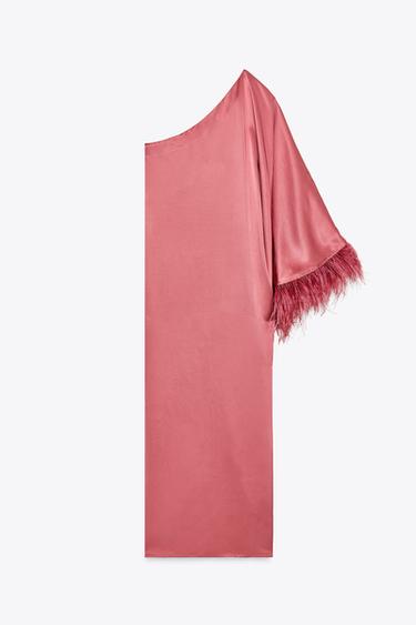 VESTITO LUNGO IN RASO CON PIUME - Fucsia fluo di Zara