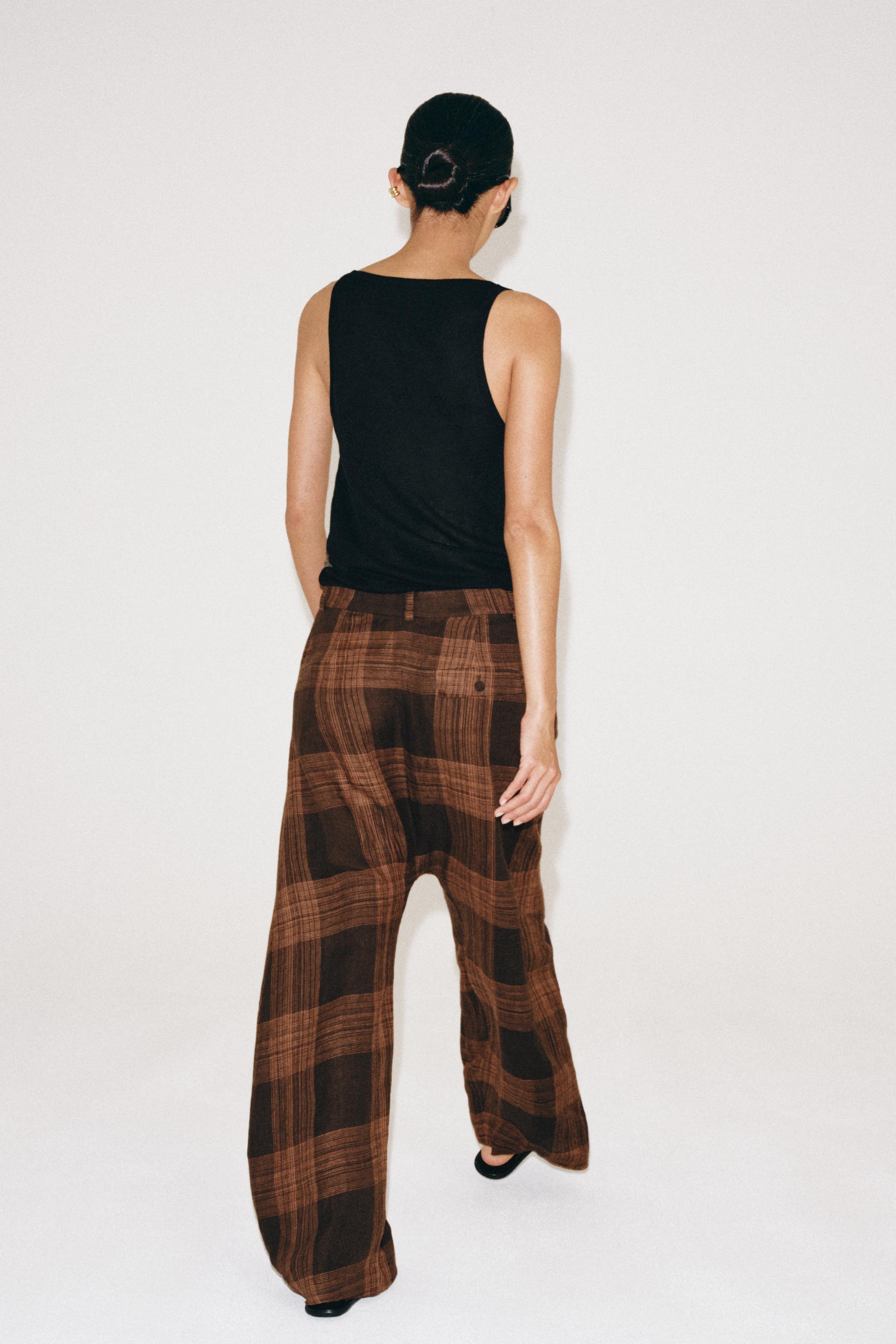 Zara ZW COLLECTION KARELİ KETEN PANTOLON görsel 3