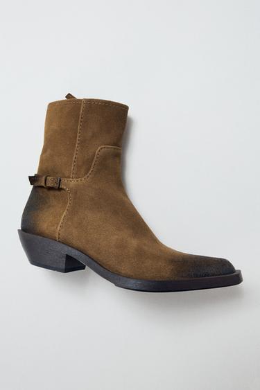 Zara LEATHER DISTRESSED EFFECT ANKLE BOOTS - Brown