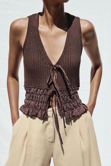 RUFFLED KNIT TOP - Brown by Zara - Image 1