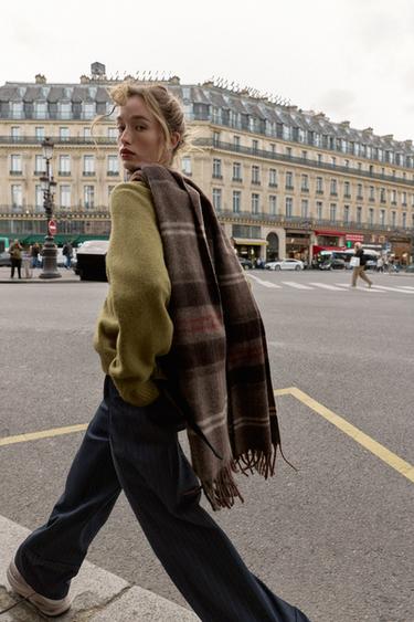 Zara PLAID FRINGED SCARF - taupe brown - Image 0