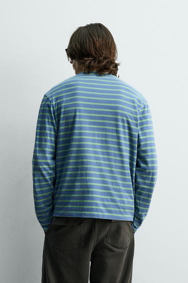 T-SHIRT EN JACQUARD À RAYURES - Bleu de Zara - Image 2