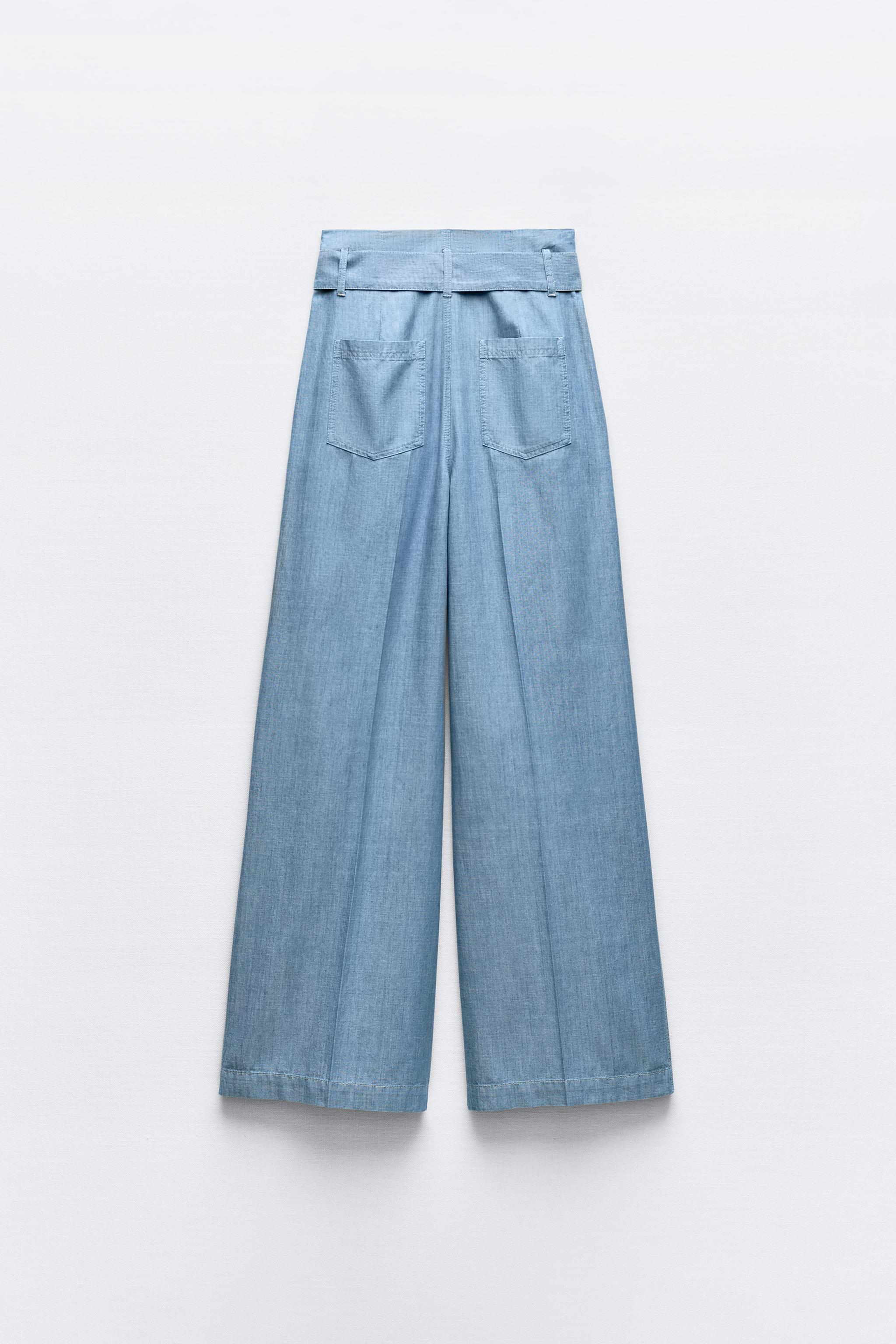 Zara Wide Leg Belted Pants Light Blue Women