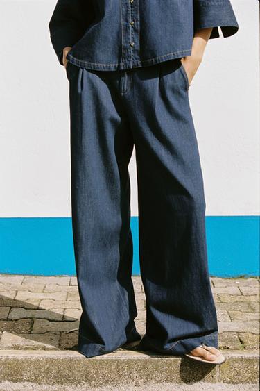 Zara PLEATED HIGH-WAISTED WIDE LEG PANTS - Dark indigo