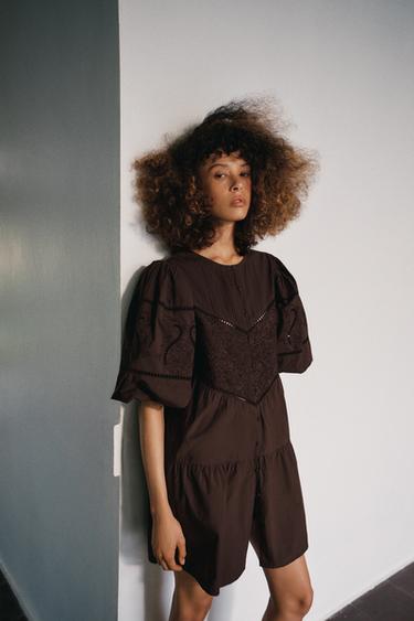 ROBE COURTE EN POPELINE BRODÉE - Marron de Zara - Image 1