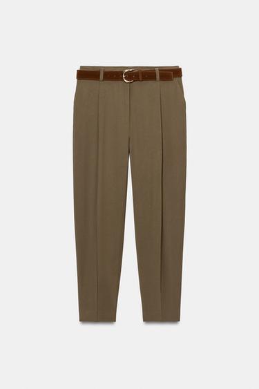 PANTALÓN PINZAS CINTURÓN - Khaki oscuro de Zara