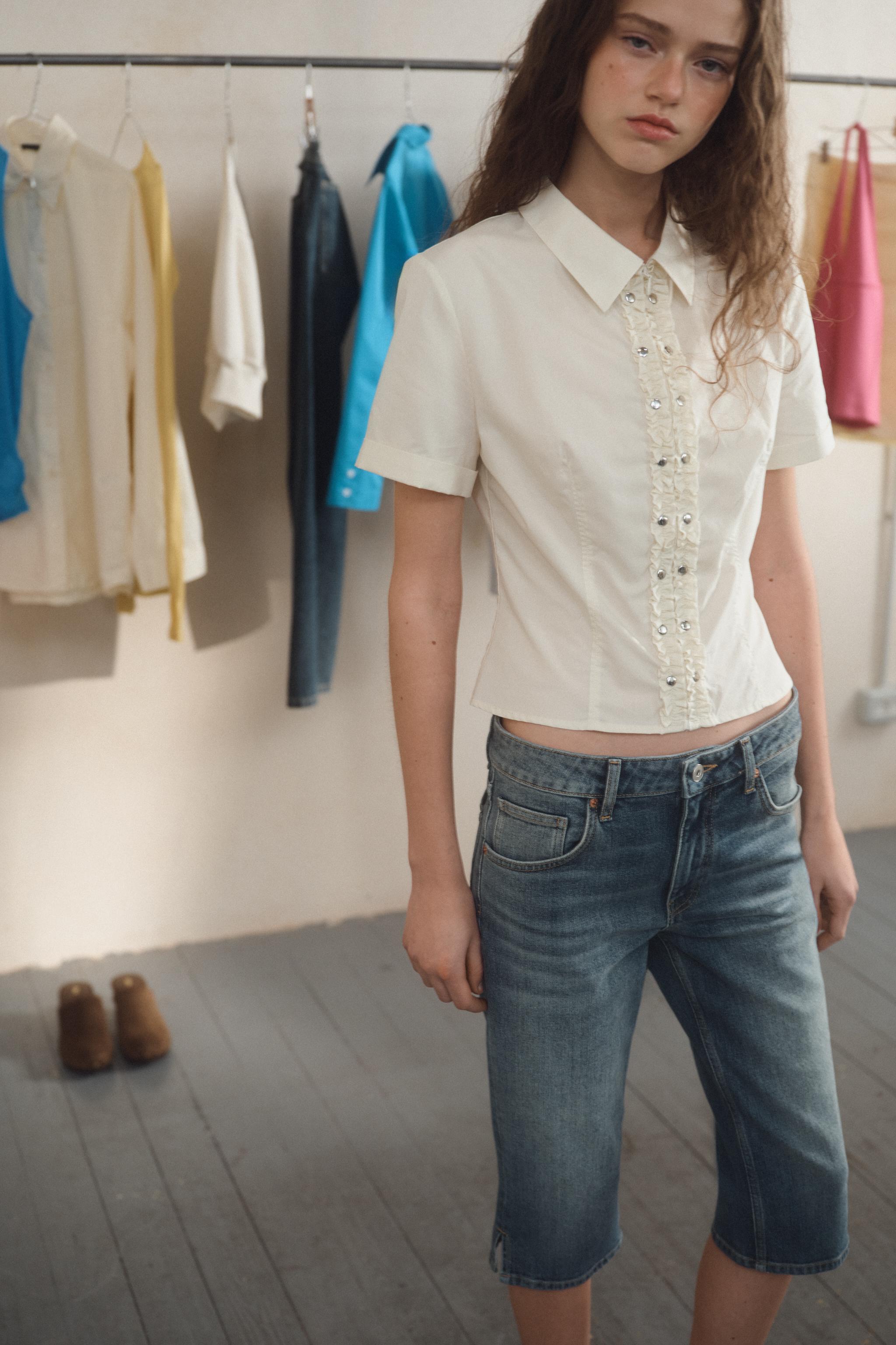 POPLIN SHIRT WITH STUDDED RUFFLES