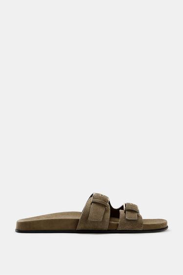 SANDALES À BOUCLES EN CROÛTE DE CUIR - Gris taupe de Zara