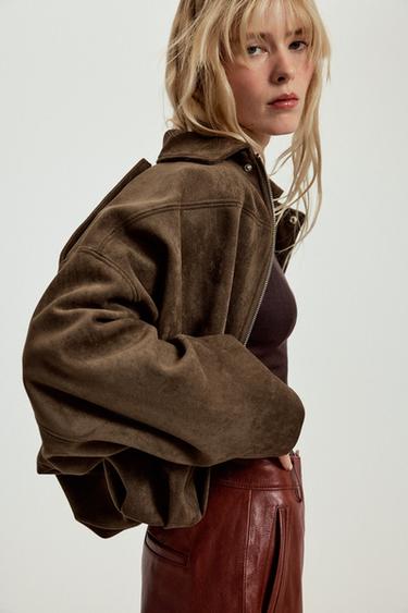 Zara FAUX SUEDE JACKET - Dark brown