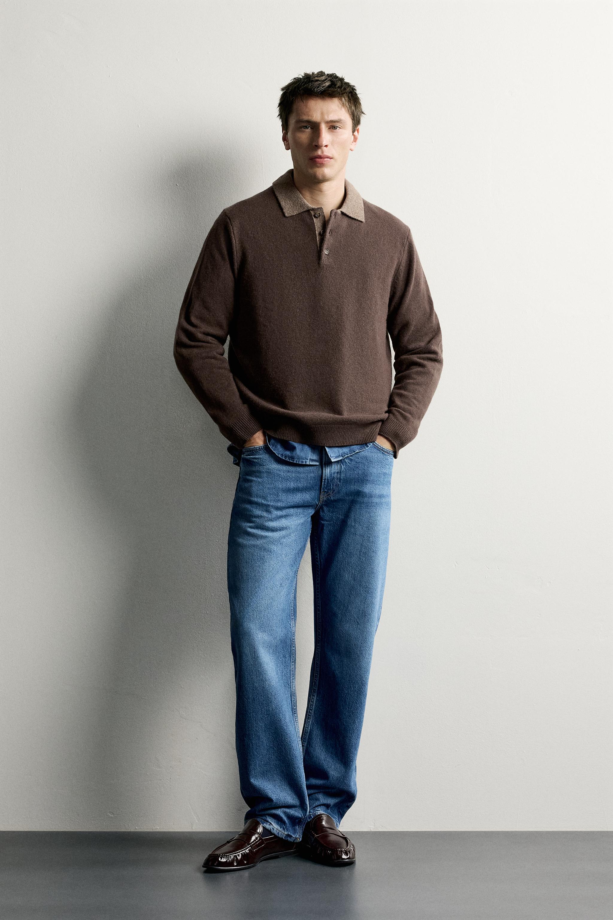100%ウール コントラストニットポロシャツ - ブラウン | ZARA Japan / 日本