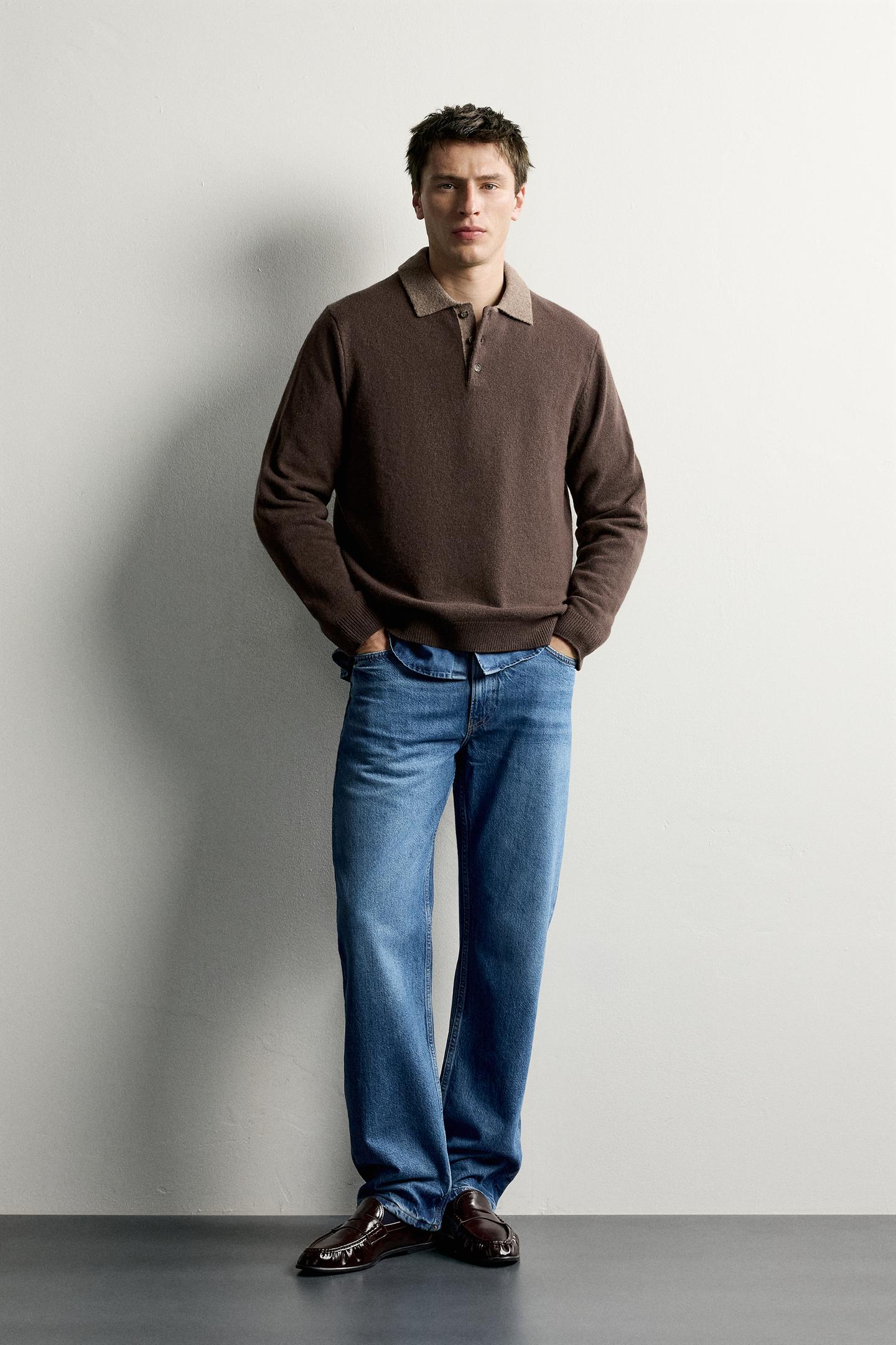 Мужское поло Zara 100% Wool Contrast Knit Polo, цвет: Коричневый