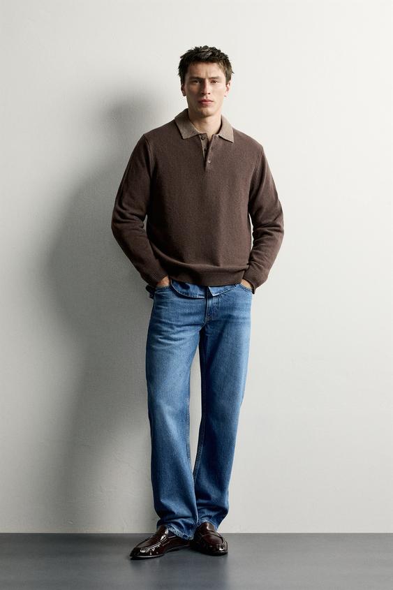 100% WOOL CONTRAST KNIT POLO SHIRT - Brown by Zara - Image 0