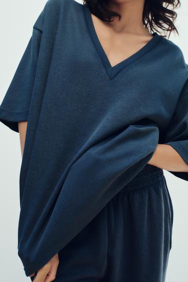 T-SHIRT EN MAILLE SURJET DÉLAVÉ - Bleu de Zara - Image 0