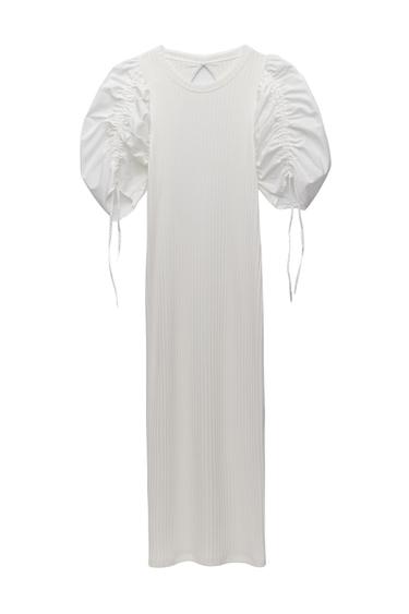 PUFF SLEEVE RIBBED DRESS
