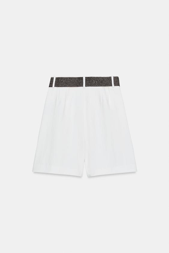 zara dress shorts PLEATED BELTED SHORTS - White
