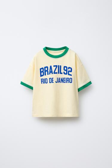 T-SHIRT WITH CONTRAST SLOGAN TRIM - Light yellow by Zara - Image 0