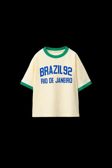 Zara CONTRAST TRIM TEXT T-SHIRT - Light yellow - Image 0
