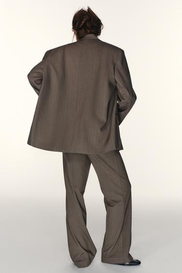 OVERSIZE STRIPED DOUBLE FABRIC BLAZER - Brown / Ecru by Zara - Image 3