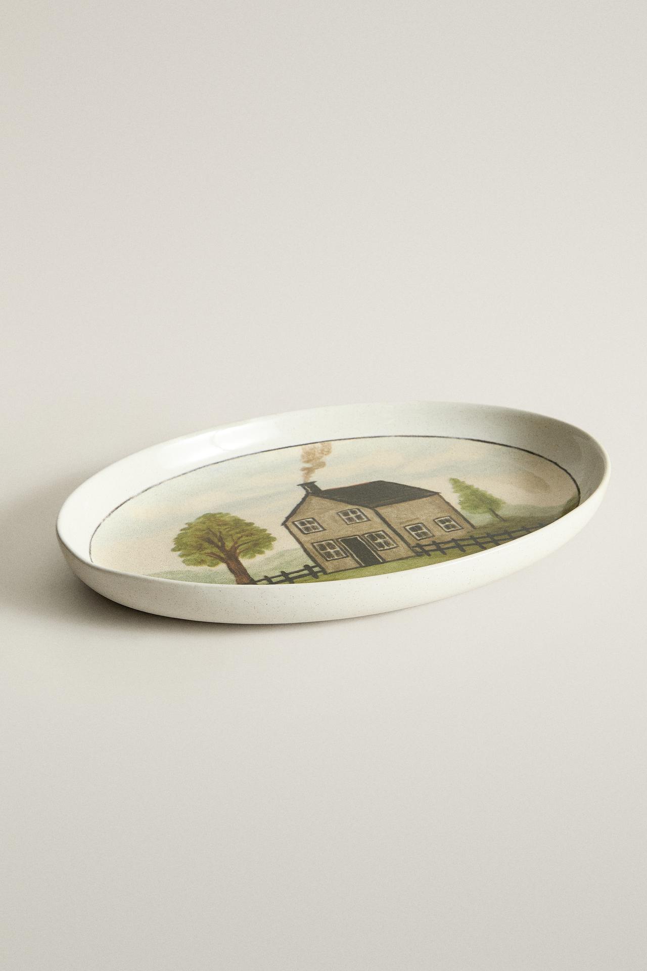 Stoneware serving dish with little house — Blue grey