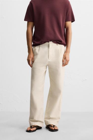 PANTALÓN ALGODÓN - LINO PLIEGUES - Beige claro de Zara