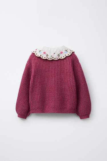 CARDIGAN WITH EMBROIDERED COLLAR - Raspberry by Zara - Image 2