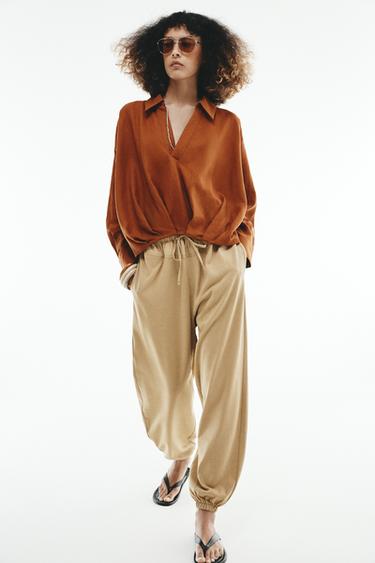 CAMISA CON LINO BAJO ABULLONADO - Tabaco de Zara