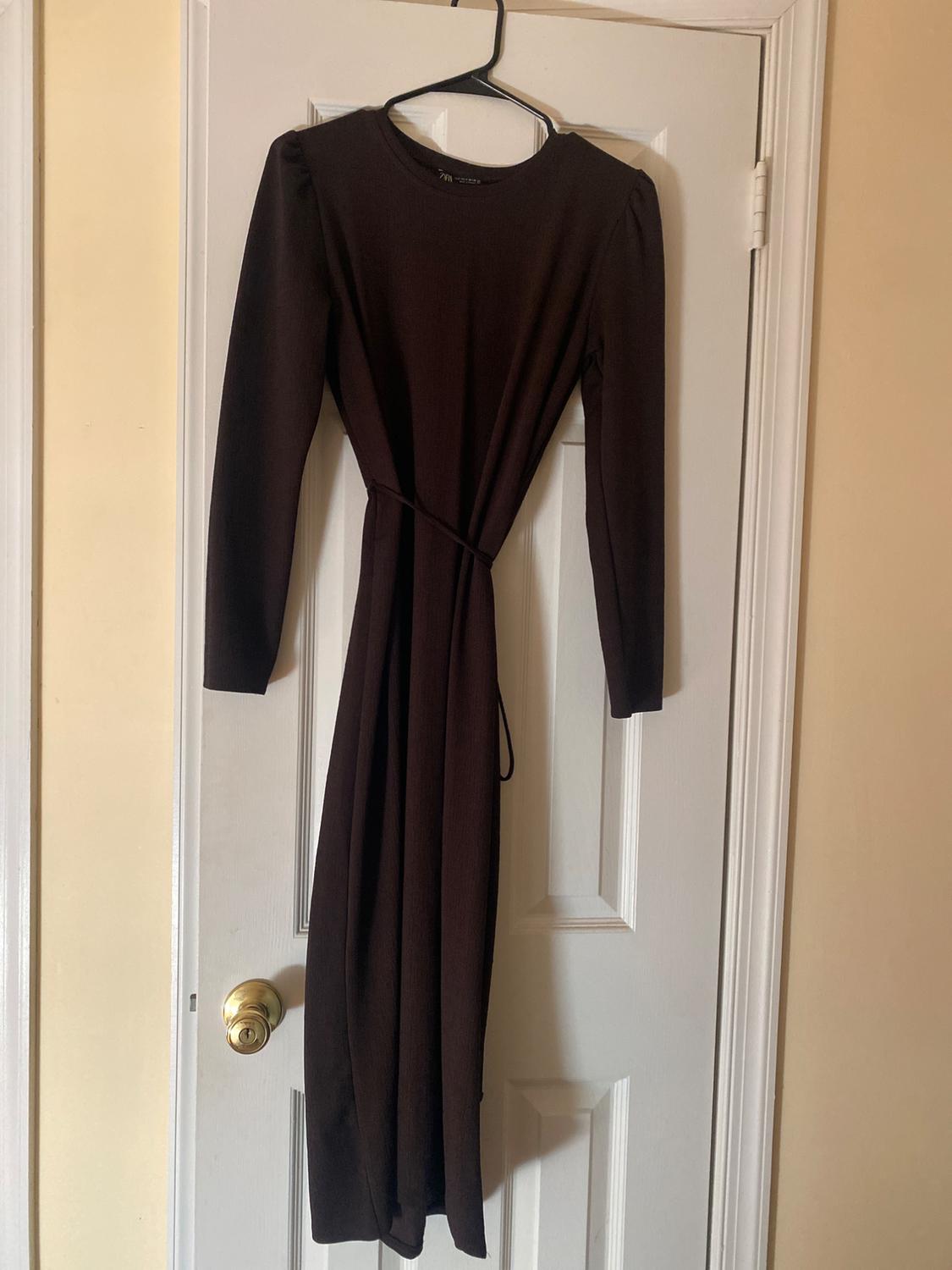 Front view of a brown long-sleeved dress with a belt and a round neck.