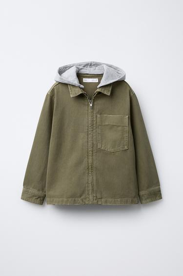 SURCHEMISE EN SERGE À CAPUCHE AMOVIBLE - Kaki de Zara
