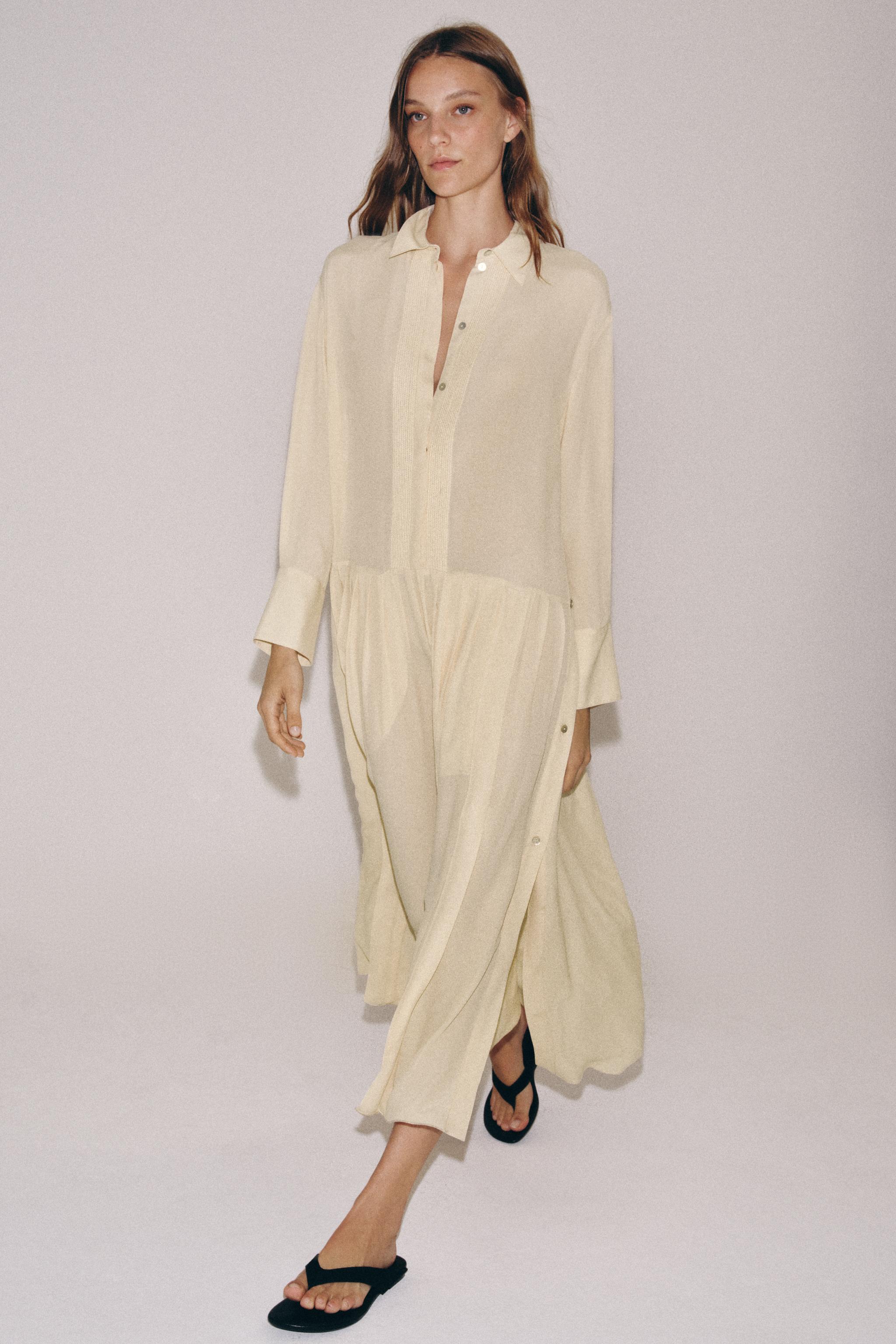 zara linen shirt dress White Short Sleeve Collared Button Down Maxi Si Brie Featuring a regular collar and long sleeves with cuffed hems Zara new beige linen blend