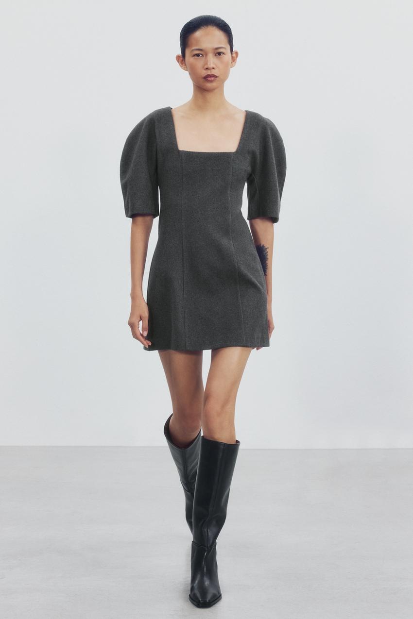 grey dress black boots VOLUMEN-SLEEVE MINI - Anthracite silver dress with boots