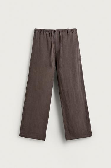 Zara 100% LINEN RELAXED FIT PANTS - Brown / Taupe