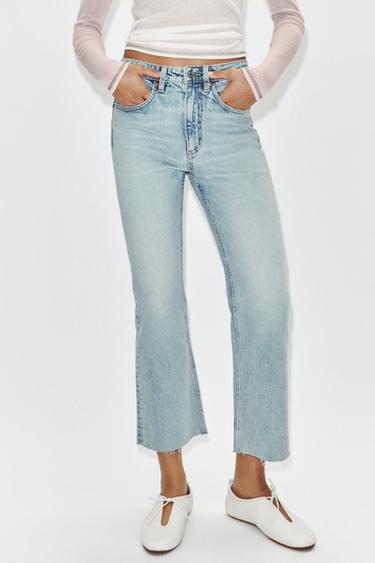 Zara TRF HIGH-WAIST CROPPED FLARE JEANS - Light blue