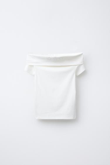 Zara OFF-THE-SHOULDER STUDDED T-SHIRT - White