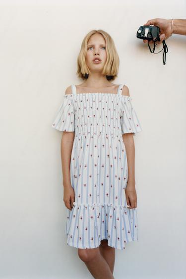 TEXTURED FLORAL DRESS - Ecru / Blue by Zara